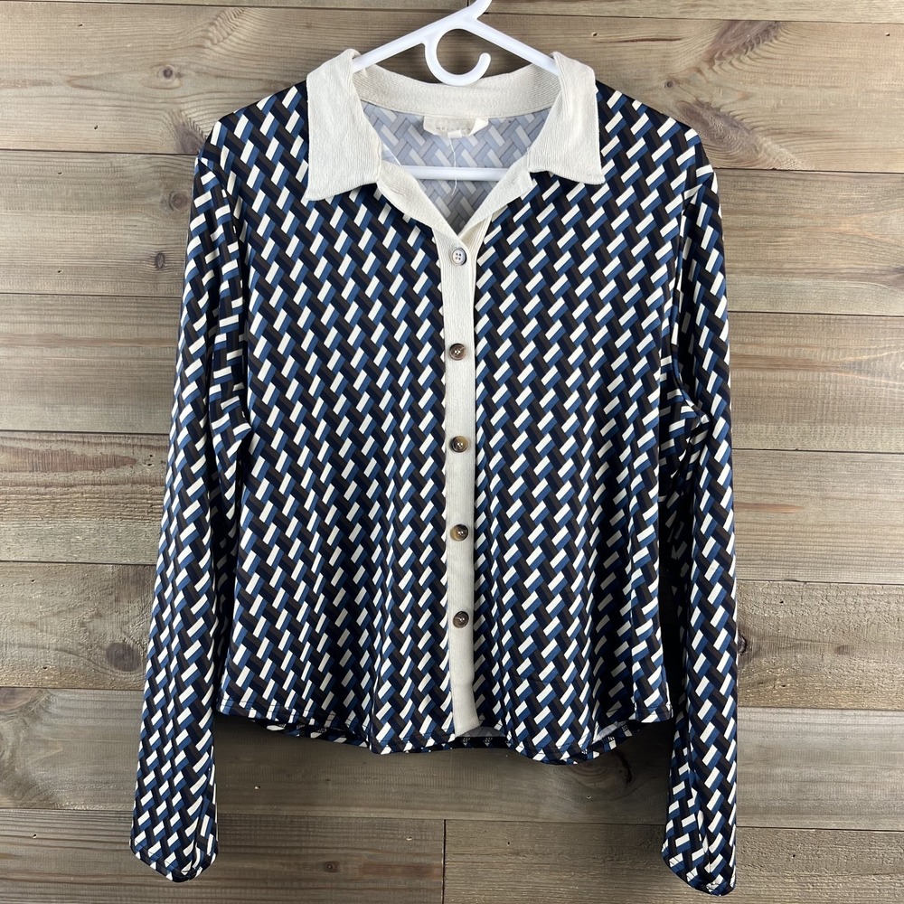 Melloday Womens Shirt Long Sleeve Button Up Geometric Preppy Collared Large